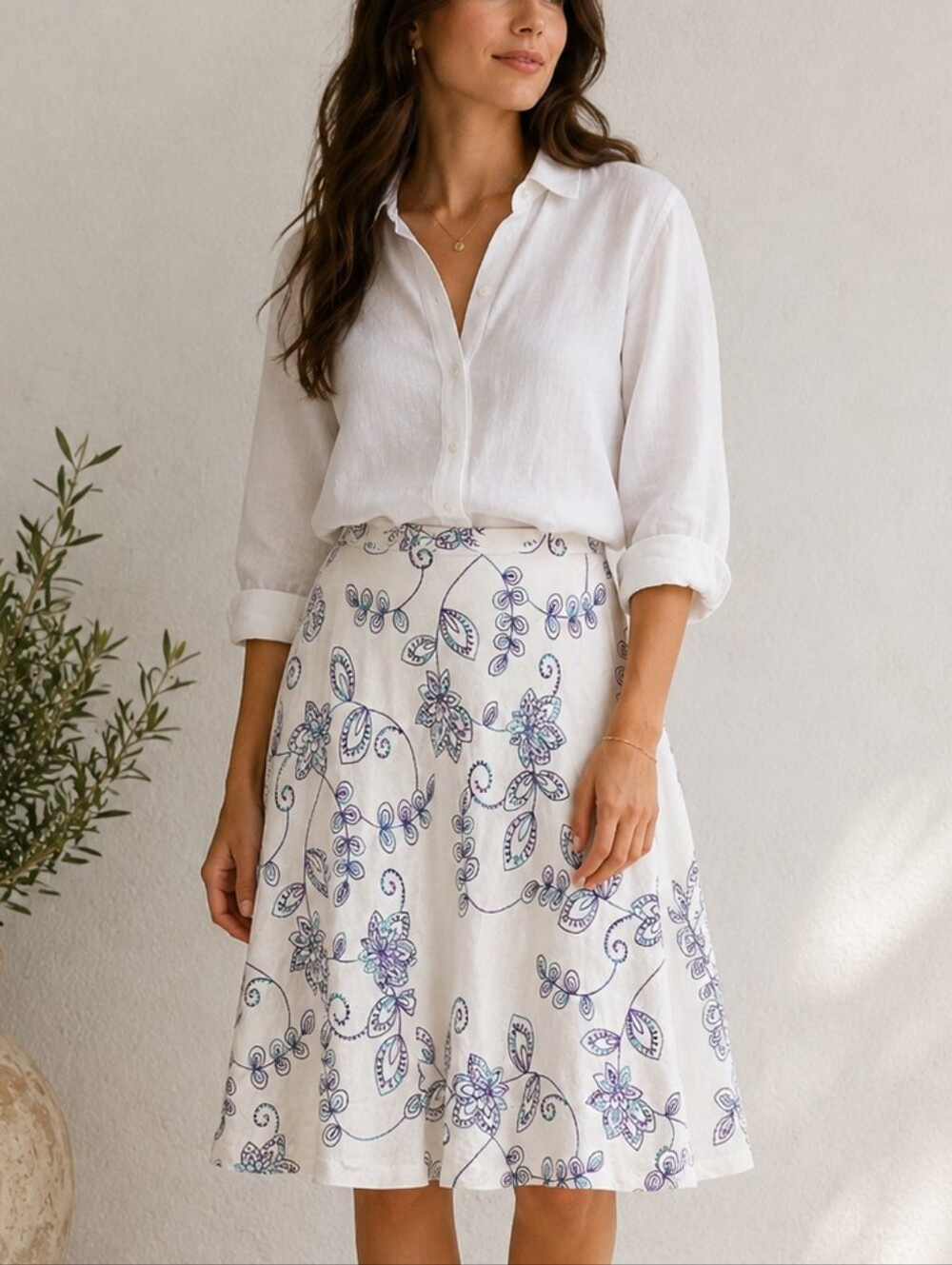 Dressbarn Linen Blend White Embroidered Skirt Side Zip Sz 12 Summer Coquette